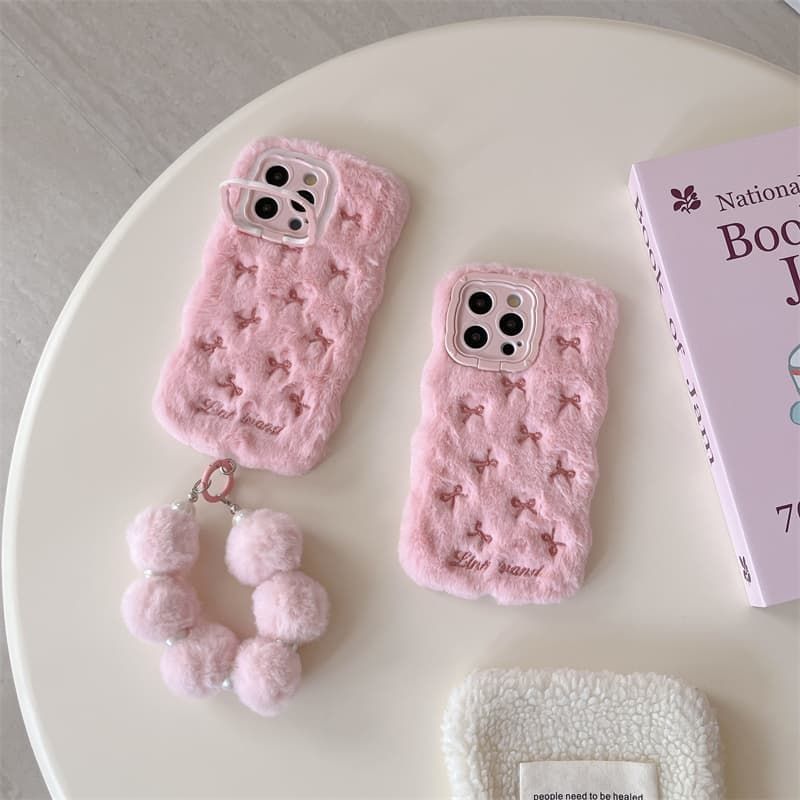 iPhone Pink Fur Back Cover with Bow Design and Pom Pom Charm