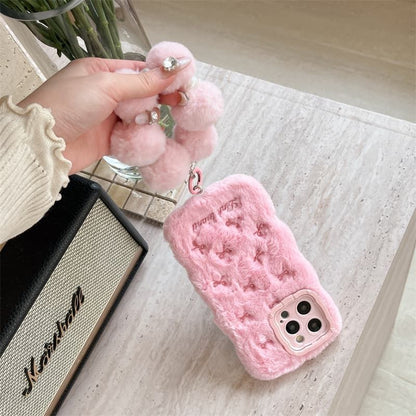iPhone Pink Fur Back Cover with Bow Design and Pom Pom Charm