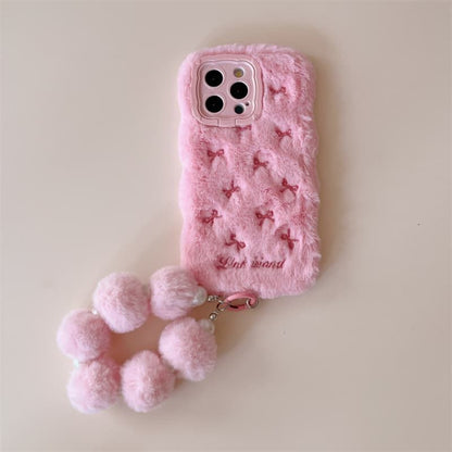iPhone Pink Fur Back Cover with Bow Design and Pom Pom Charm