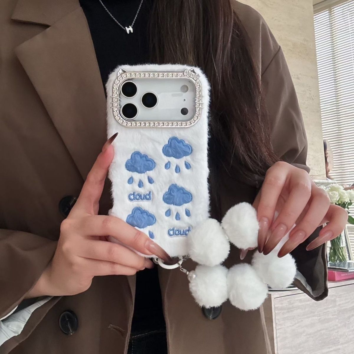 iPhone Fur Back Cover with Cloud Print and Pom Pom Charm