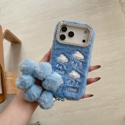 iPhone Fur Back Cover with Cloud Print and Pom Pom Charm