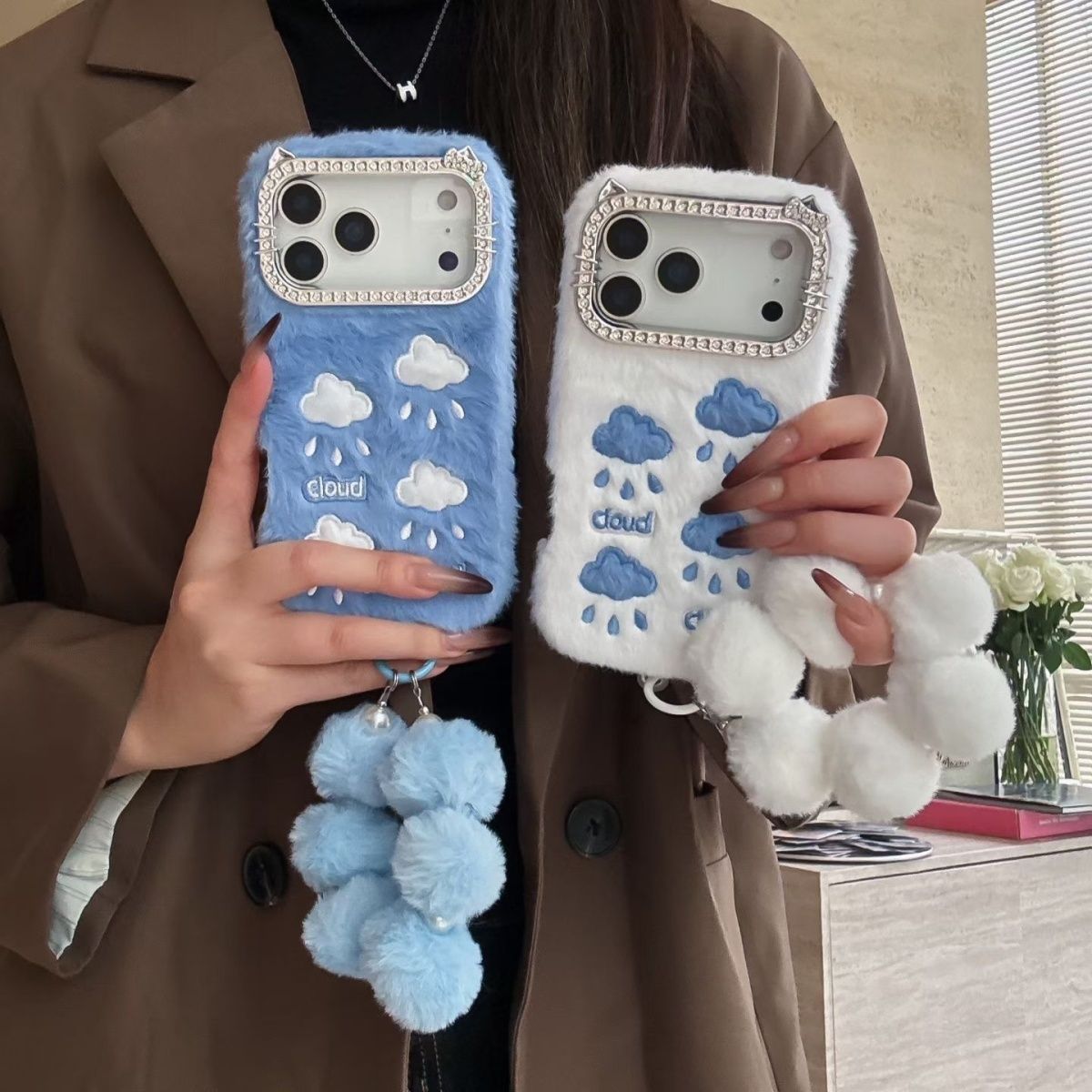 iPhone Fur Back Cover with Cloud Print and Pom Pom Charm