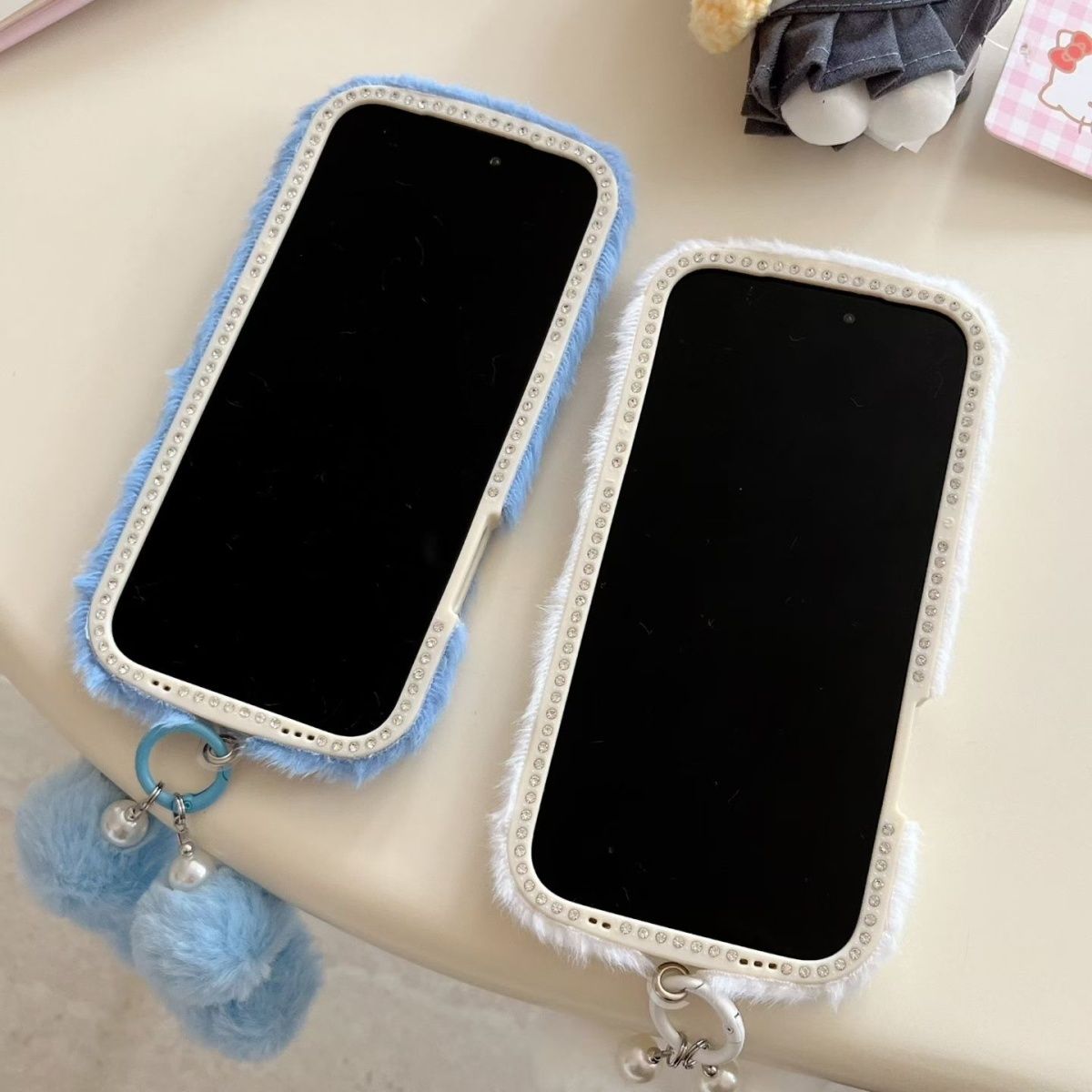 iPhone Fur Back Cover with Cloud Print and Pom Pom Charm