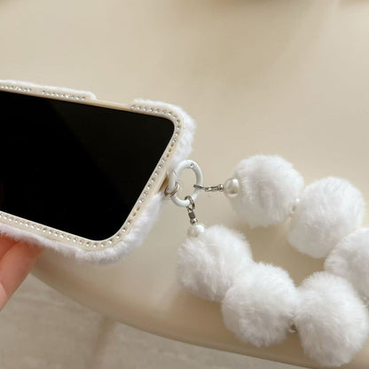 iPhone Fur Back Cover with Cloud Print and Pom Pom Charm