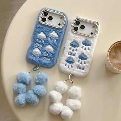 iPhone Fur Back Cover with Cloud Print and Pom Pom Charm