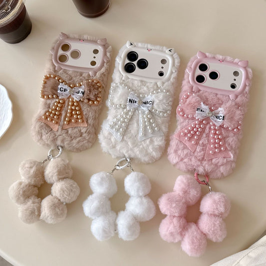iPhone Soft Fur Back Cover with Pearl Bow & Pom-Pom Strap
