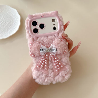 iPhone Soft Fur Back Cover with Pearl Bow & Pom-Pom Strap