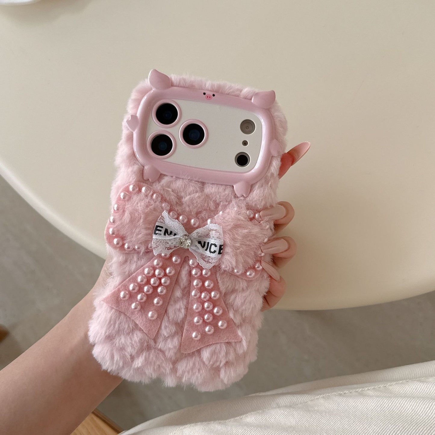 iPhone Soft Fur Back Cover with Pearl Bow & Pom-Pom Strap