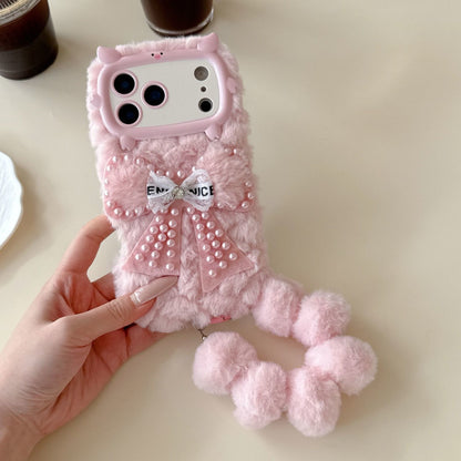 iPhone Soft Fur Back Cover with Pearl Bow & Pom-Pom Strap