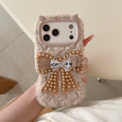 iPhone Soft Fur Back Cover with Pearl Bow & Pom-Pom Strap