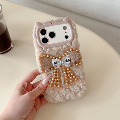 iPhone Soft Fur Back Cover with Pearl Bow & Pom-Pom Strap
