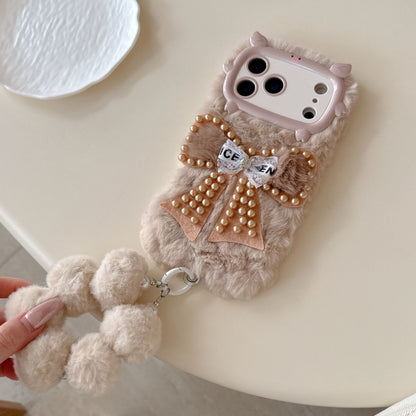 iPhone Soft Fur Back Cover with Pearl Bow & Pom-Pom Strap
