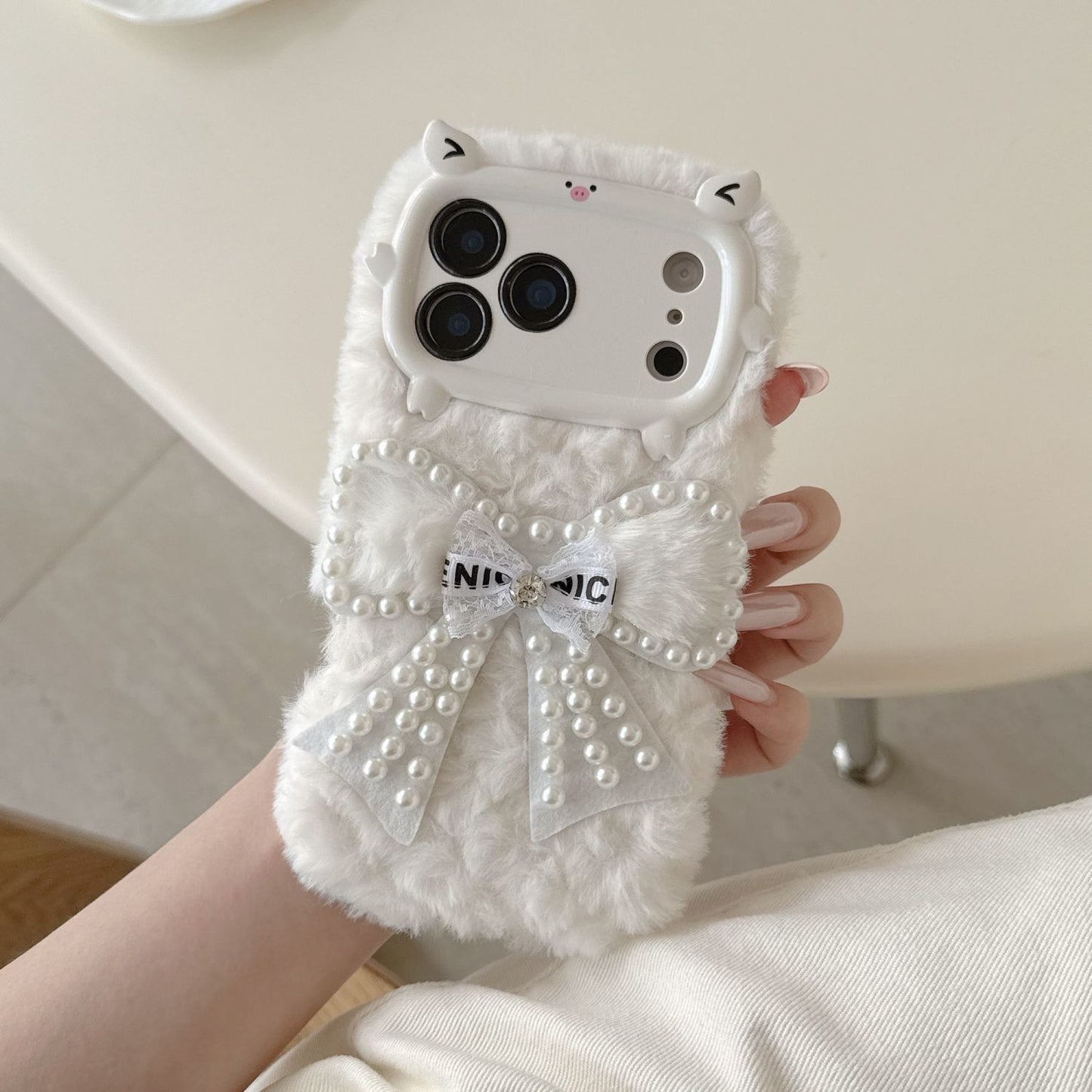 iPhone Soft Fur Back Cover with Pearl Bow & Pom-Pom Strap