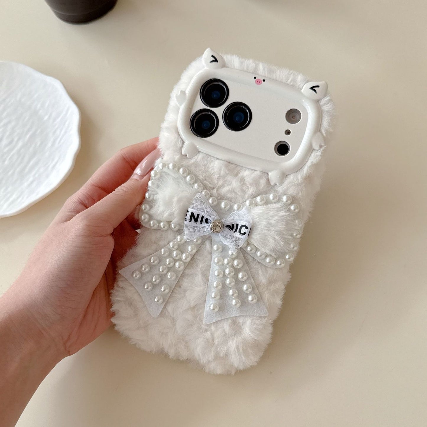 iPhone Soft Fur Back Cover with Pearl Bow & Pom-Pom Strap
