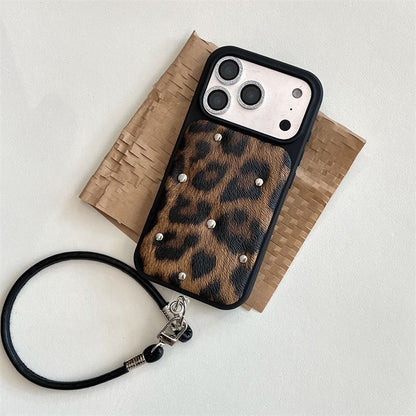 Leopard Print Back Cover with Wrist Strap for iPhone – Protective Case