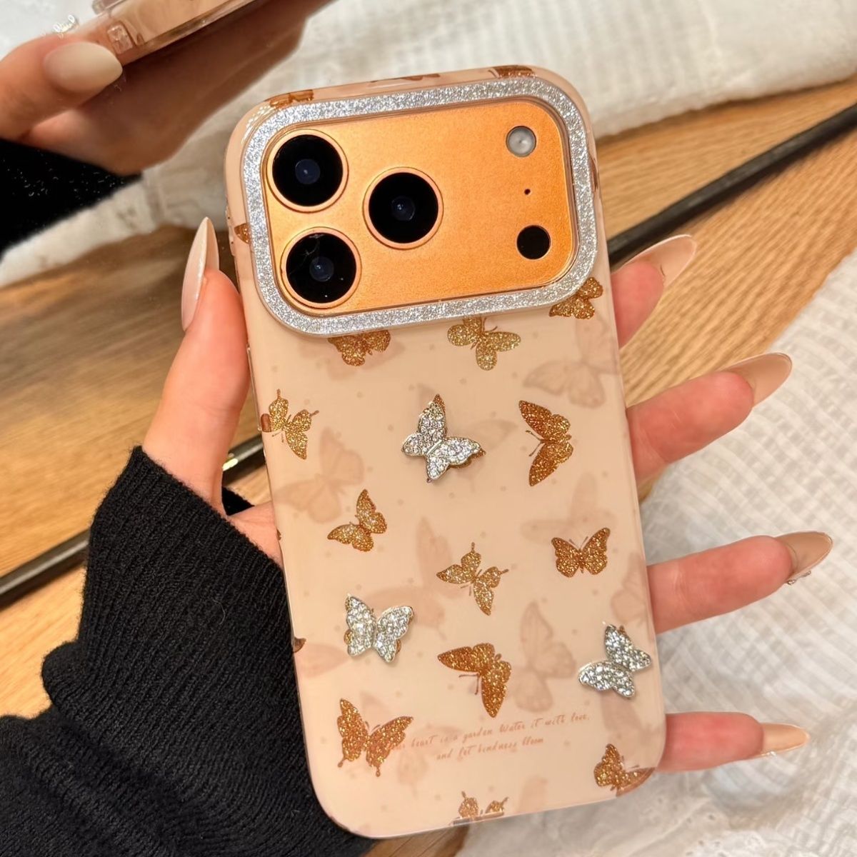 Luxury Glitter Butterfly iPhone Case with Rhinestone Camera Frame – Shockproof Designer Back Cover