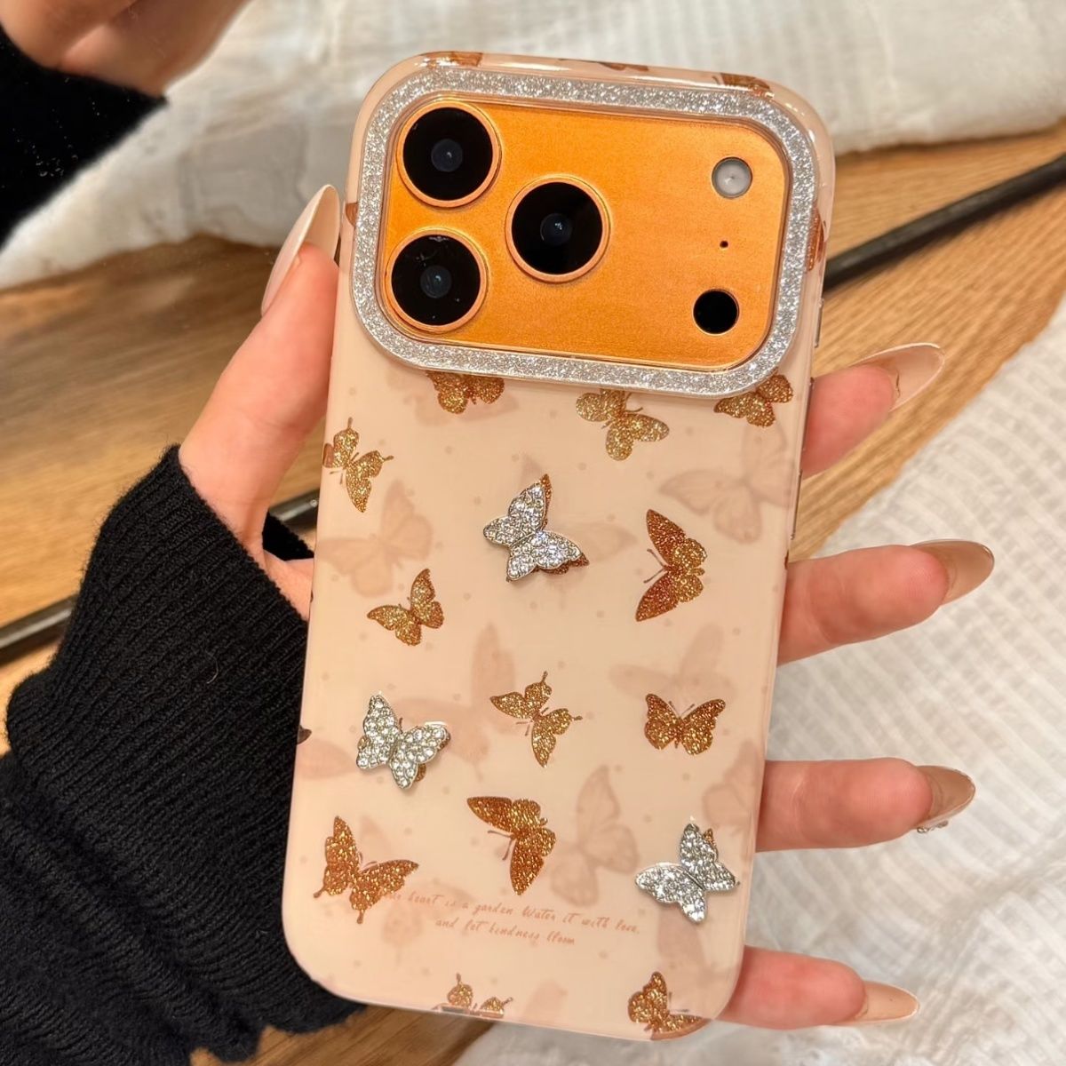 Luxury Glitter Butterfly iPhone Case with Rhinestone Camera Frame – Shockproof Designer Back Cover