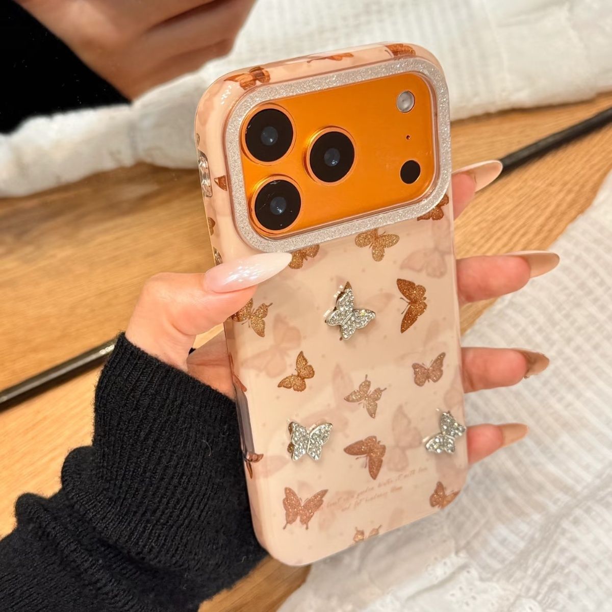Luxury Glitter Butterfly iPhone Case with Rhinestone Camera Frame – Shockproof Designer Back Cover