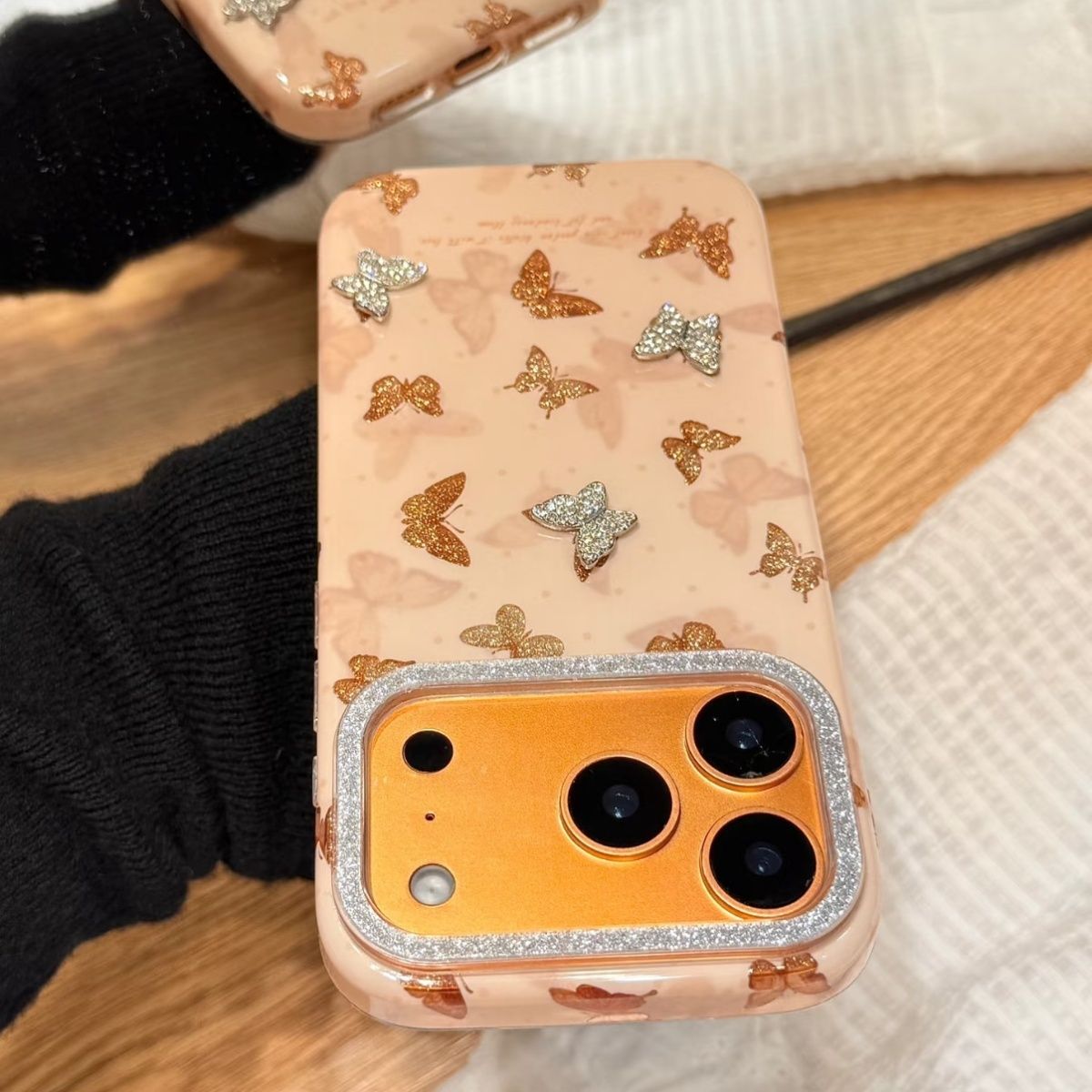 Luxury Glitter Butterfly iPhone Case with Rhinestone Camera Frame – Shockproof Designer Back Cover