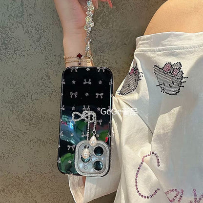 iPhone Black Bow Design Case with Pearl Charm Strap