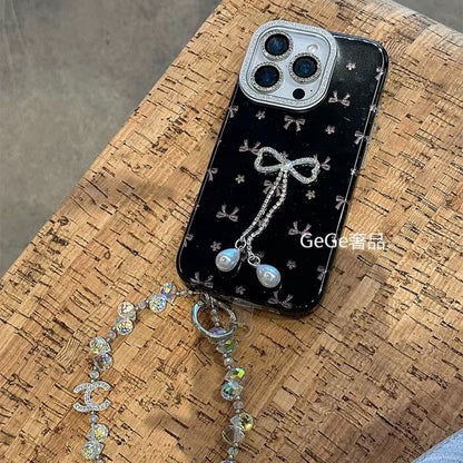 iPhone Black Bow Design Case with Pearl Charm Strap