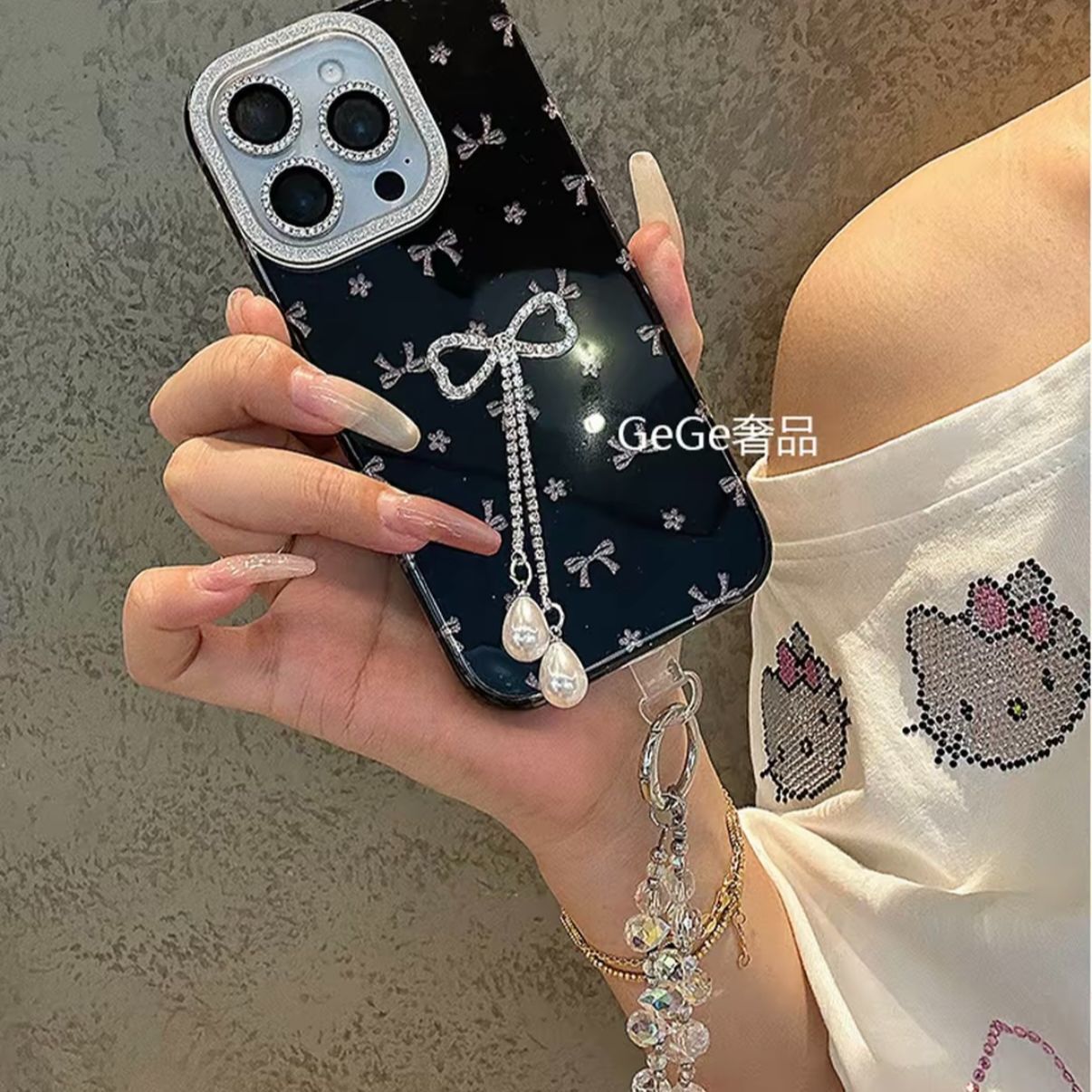 iPhone Black Bow Design Case with Pearl Charm Strap
