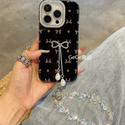 iPhone Black Bow Design Case with Pearl Charm Strap