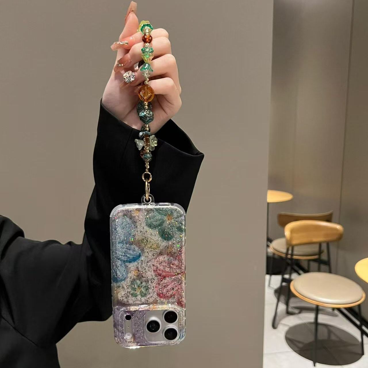 Crystal Glitter Marble iPhone Case with Wrist Strap | Transparent Sparkle Shockproof Back Cover