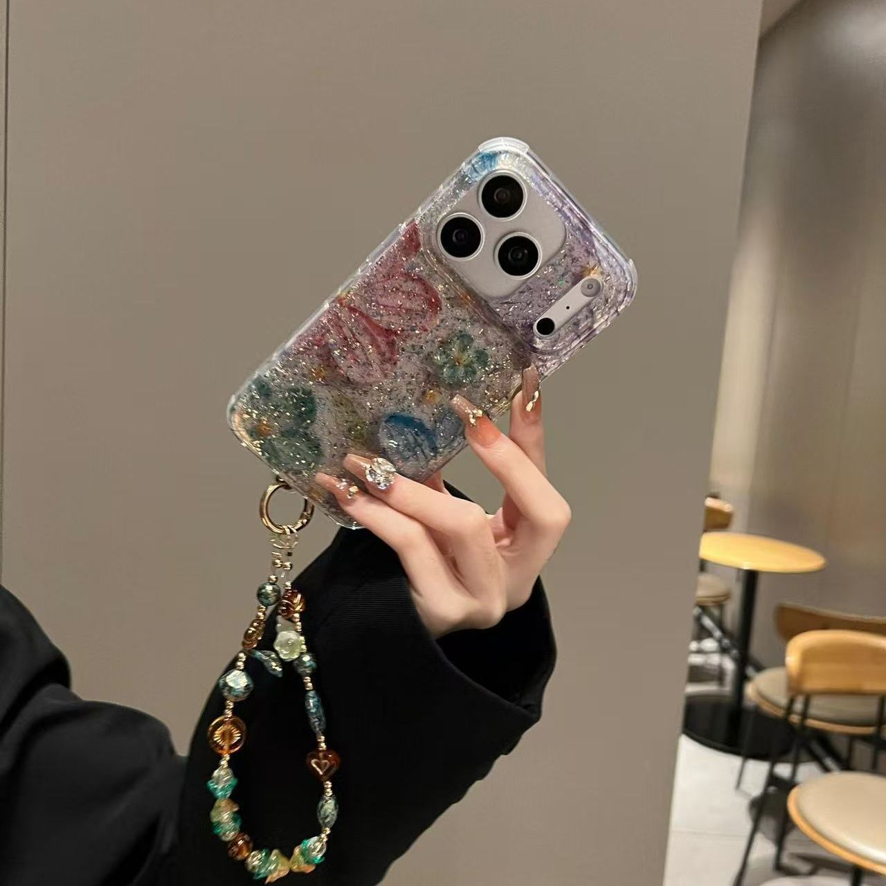 Crystal Glitter Marble iPhone Case with Wrist Strap | Transparent Sparkle Shockproof Back Cover