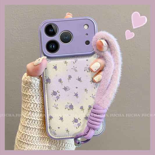 Lavender Bloom Strap Case for iPhone | Floral PU Leather Back with Wrist Strap