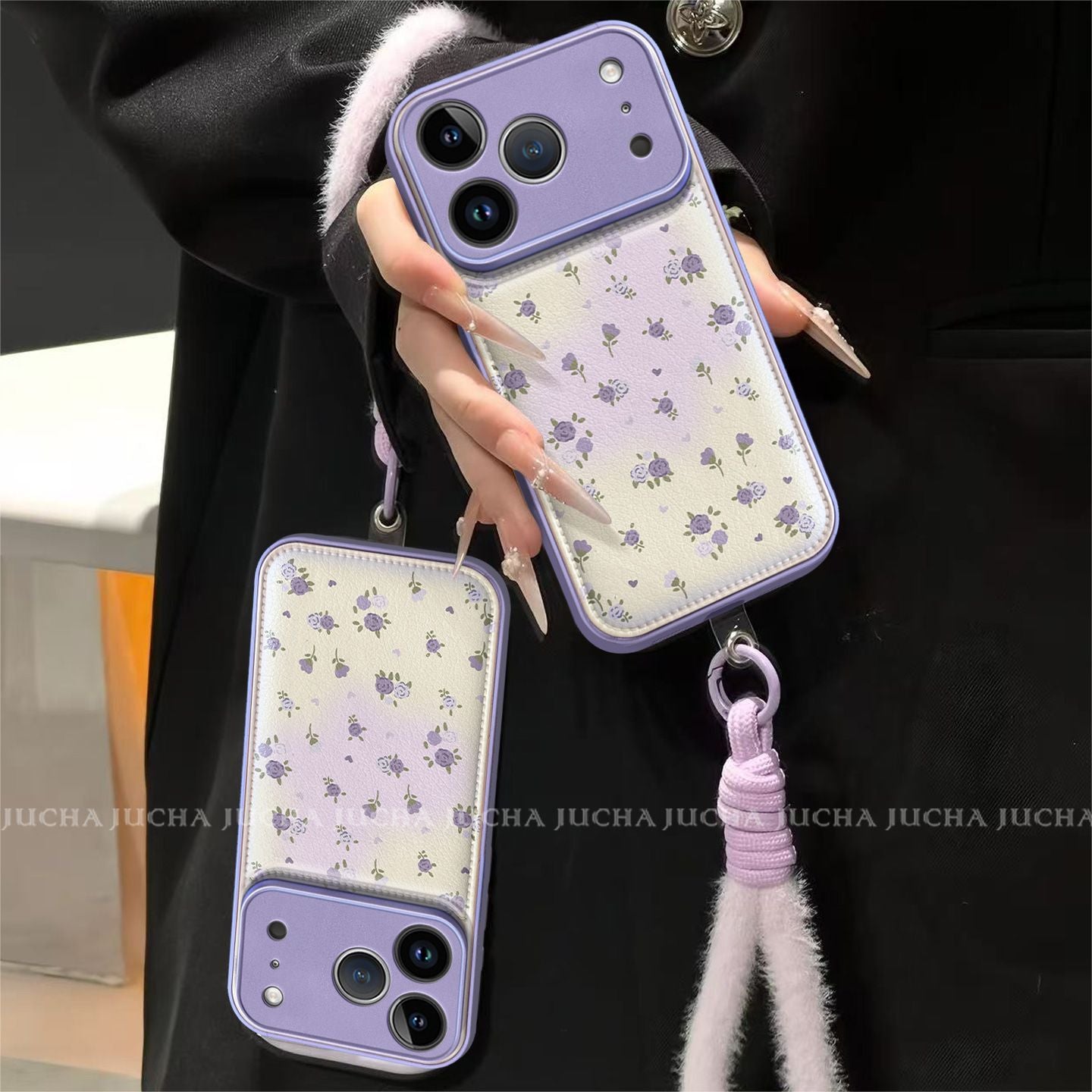 Lavender Bloom Strap Case for iPhone | Floral PU Leather Back with Wrist Strap