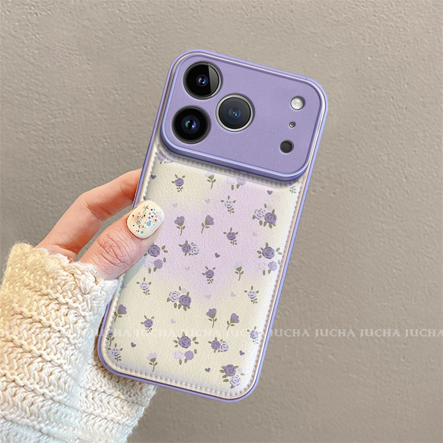 Lavender Bloom Strap Case for iPhone | Floral PU Leather Back with Wrist Strap