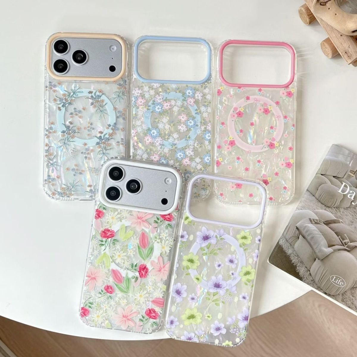 Floral Transparent Phone Case with MagSafe Ring Compatible for iPhone – Shockproof Clear Back Cover