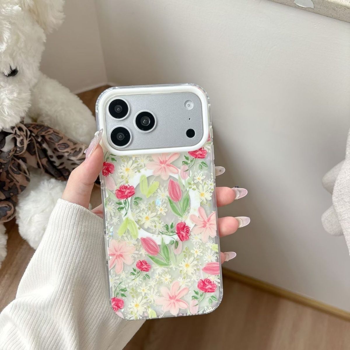 Floral Transparent Phone Case with MagSafe Ring Compatible for iPhone – Shockproof Clear Back Cover
