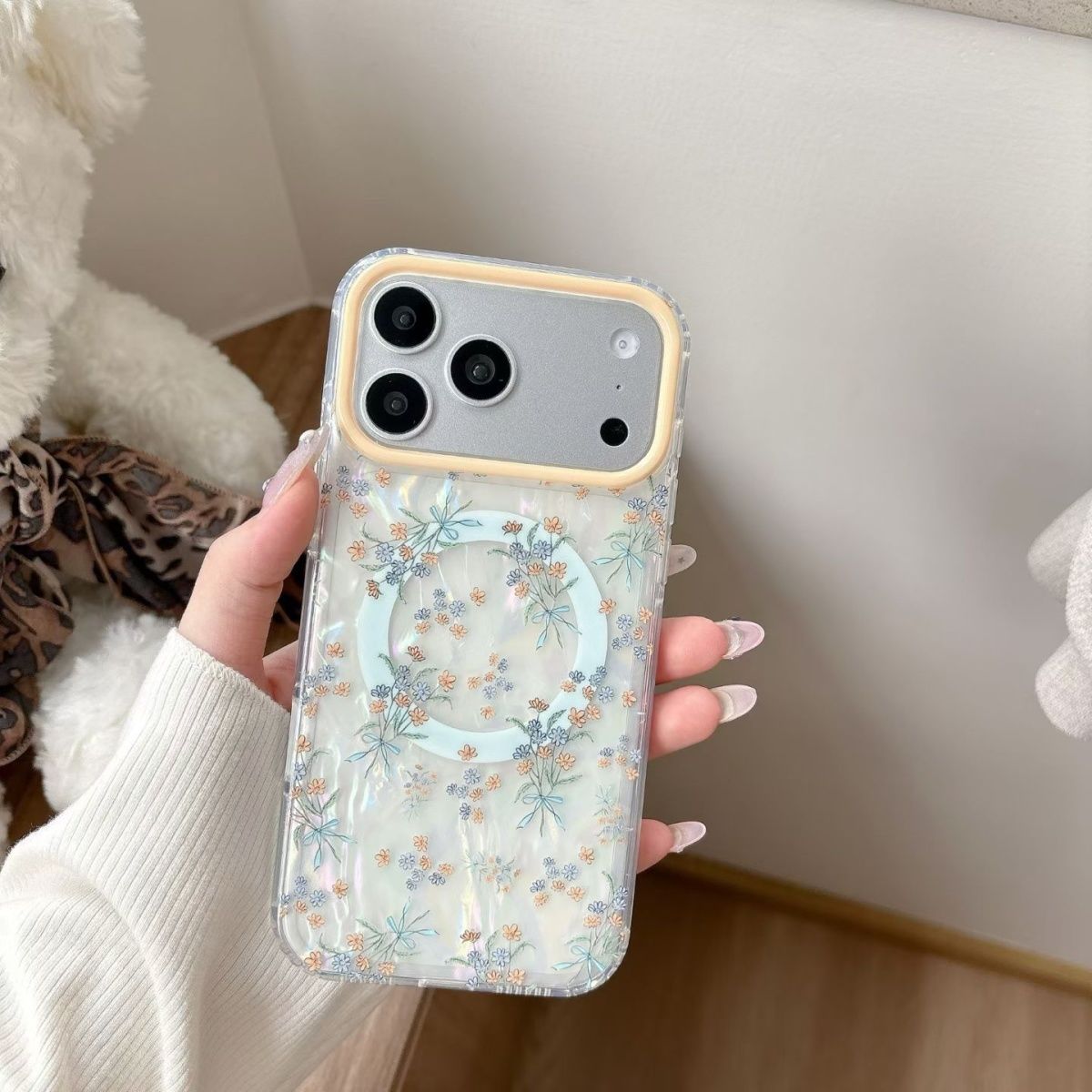 Floral Transparent Phone Case with MagSafe Ring Compatible for iPhone – Shockproof Clear Back Cover