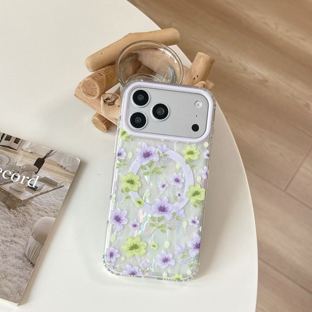 Floral Transparent Phone Case with MagSafe Ring Compatible for iPhone – Shockproof Clear Back Cover