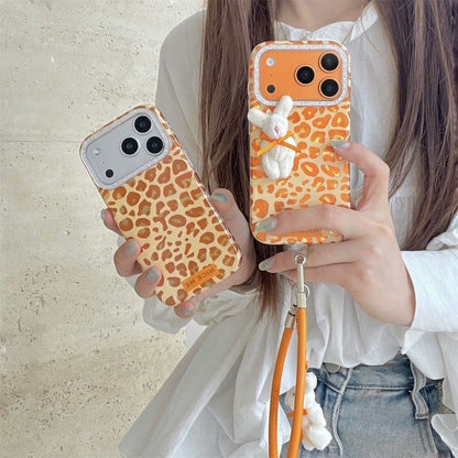 iPhone Leopard Print Case with Bunny Charm & Strap – Soft Back Cover
