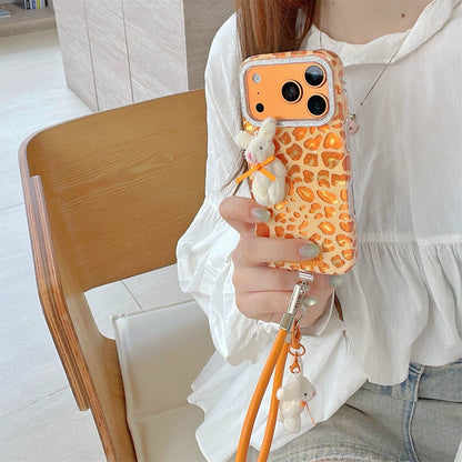 iPhone Leopard Print Case with Bunny Charm & Strap – Soft Back Cover