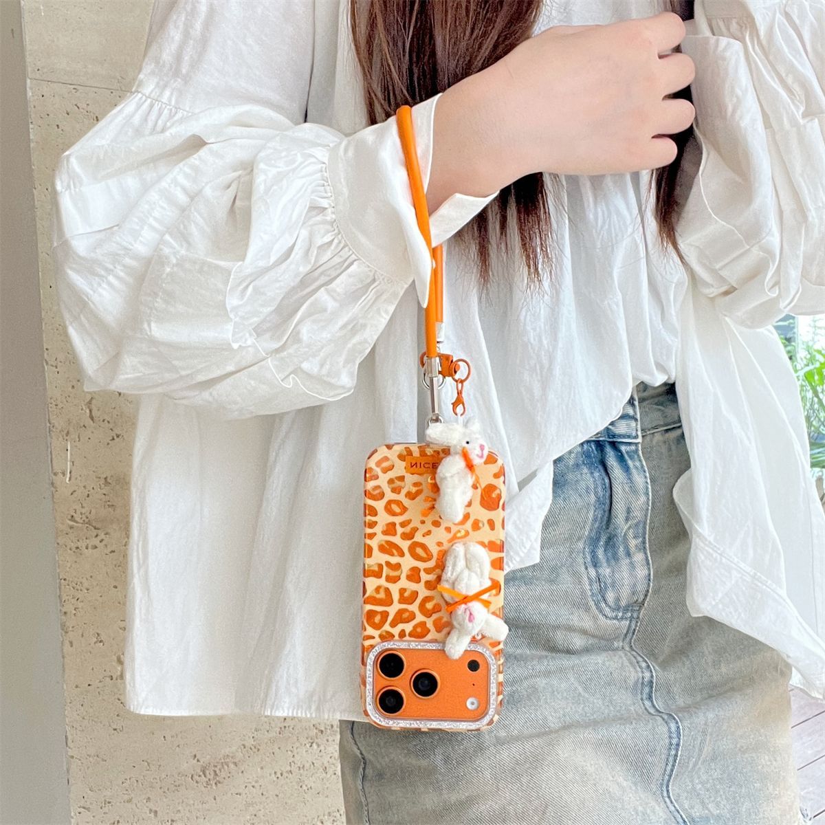 iPhone Leopard Print Case with Bunny Charm & Strap – Soft Back Cover