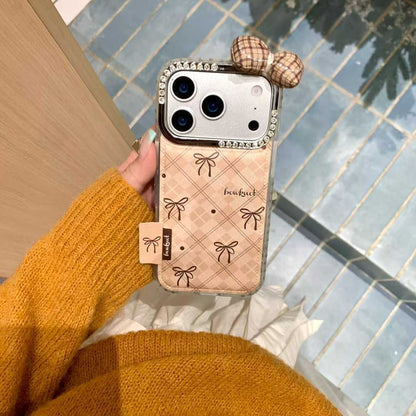 Beige Checkered Bow iPhone Case with 3D Fabric Bow | Cute Aesthetic Rhinestone Camera Frame Cover