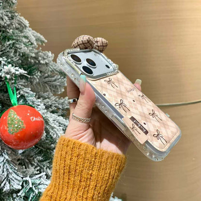 Beige Checkered Bow iPhone Case with 3D Fabric Bow | Cute Aesthetic Rhinestone Camera Frame Cover