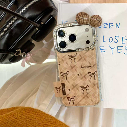Beige Checkered Bow iPhone Case with 3D Fabric Bow | Cute Aesthetic Rhinestone Camera Frame Cover