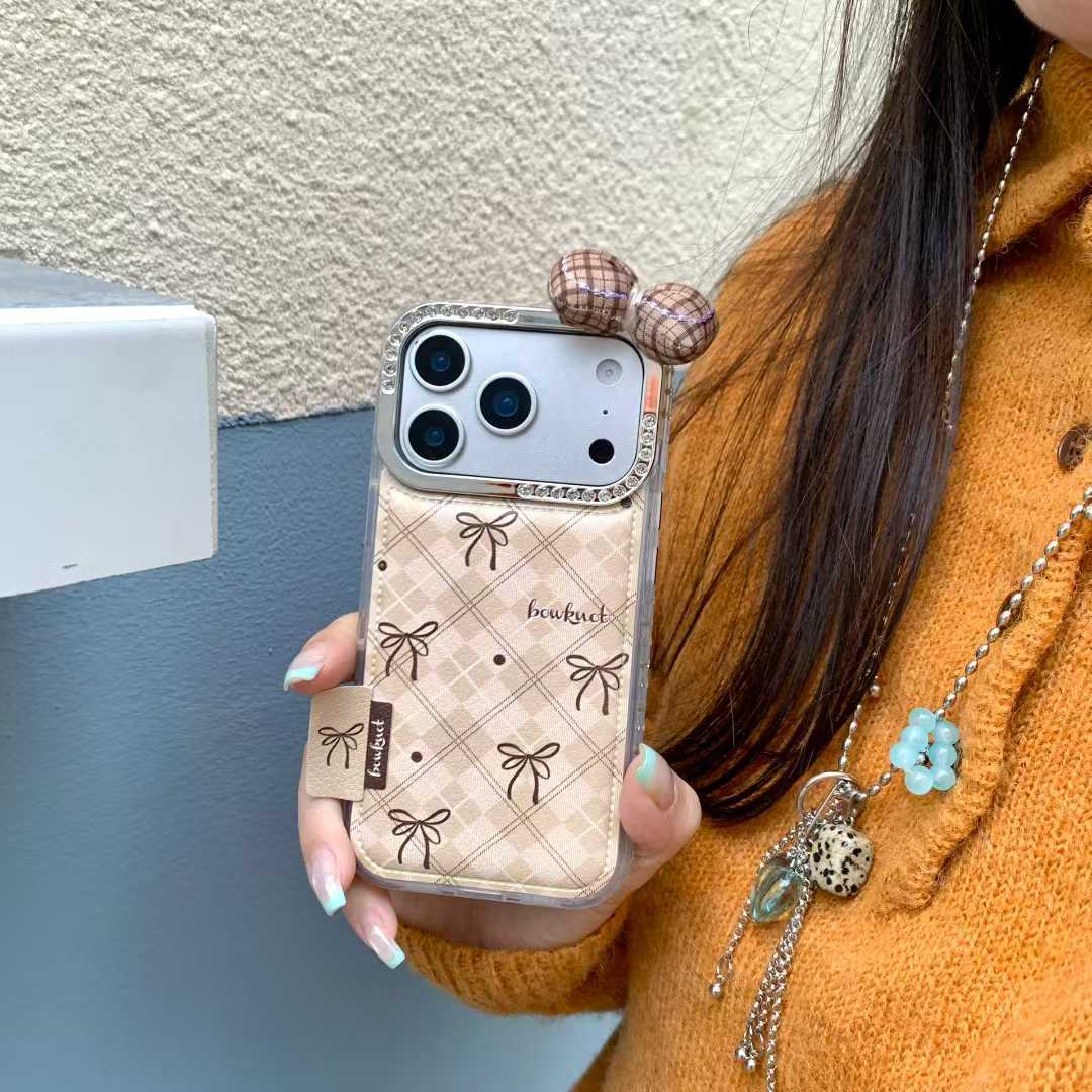Beige Checkered Bow iPhone Case with 3D Fabric Bow | Cute Aesthetic Rhinestone Camera Frame Cover
