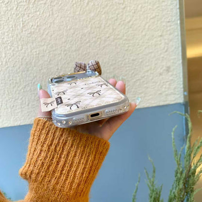 Beige Checkered Bow iPhone Case with 3D Fabric Bow | Cute Aesthetic Rhinestone Camera Frame Cover