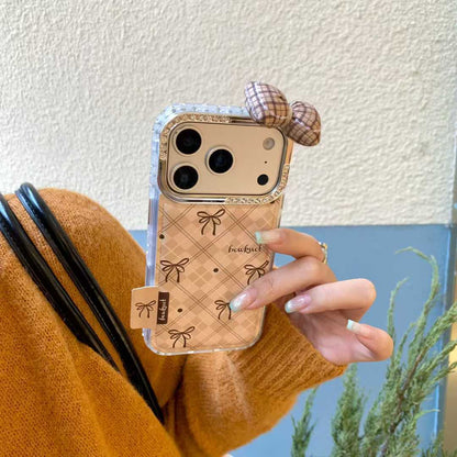 Beige Checkered Bow iPhone Case with 3D Fabric Bow | Cute Aesthetic Rhinestone Camera Frame Cover
