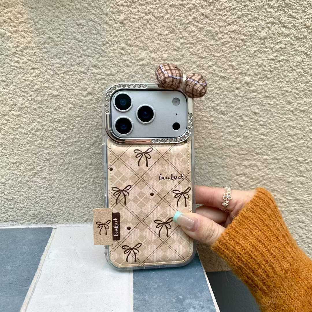 Beige Checkered Bow iPhone Case with 3D Fabric Bow | Cute Aesthetic Rhinestone Camera Frame Cover