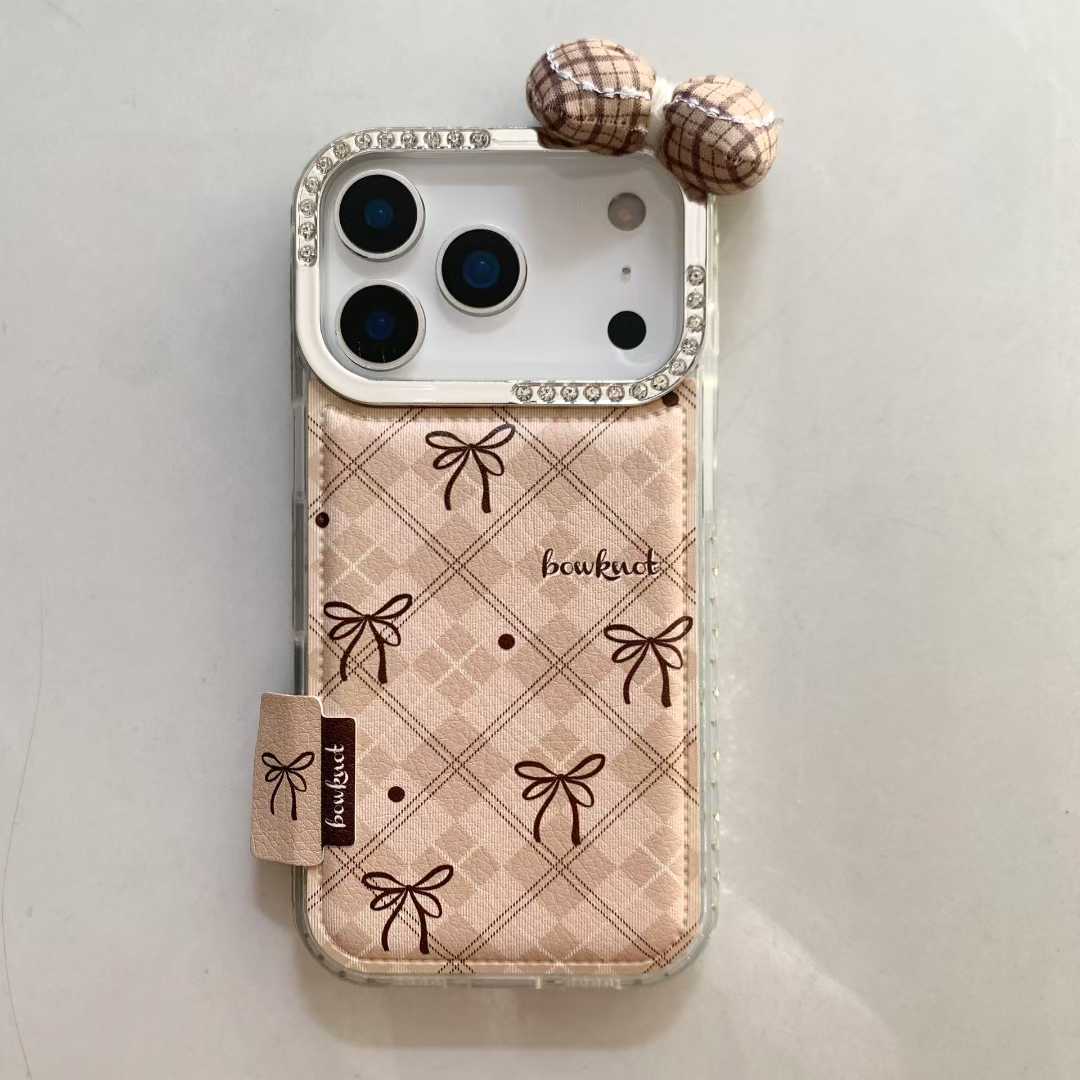Beige Checkered Bow iPhone Case with 3D Fabric Bow | Cute Aesthetic Rhinestone Camera Frame Cover