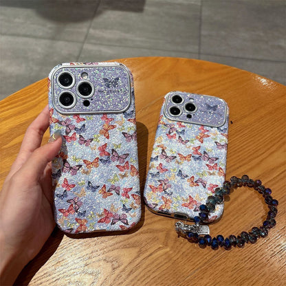 Glitter Butterfly iPhone Case with Wrist Strap | Sparkling Floral Back Cover with Shockproof Protection