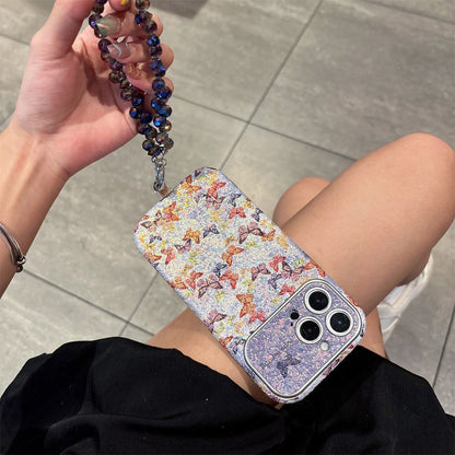 Glitter Butterfly iPhone Case with Wrist Strap | Sparkling Floral Back Cover with Shockproof Protection
