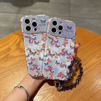 Glitter Butterfly iPhone Case with Wrist Strap | Sparkling Floral Back Cover with Shockproof Protection